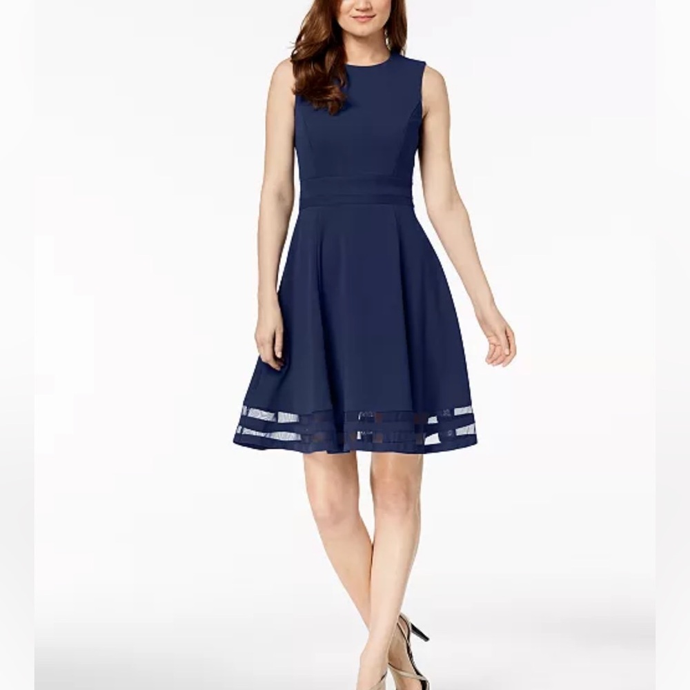 Calvin Klein Illusion-Trim Fit & Flare Dress Sz 8 Navy